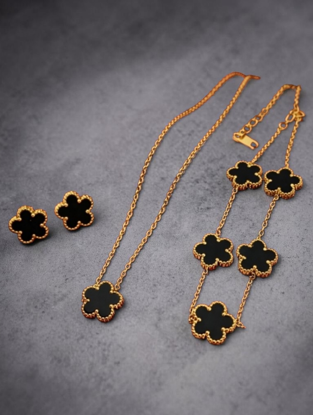 Black Clover Necklace Bracelet Earrings Set Gold Tone Flower Jewelry
